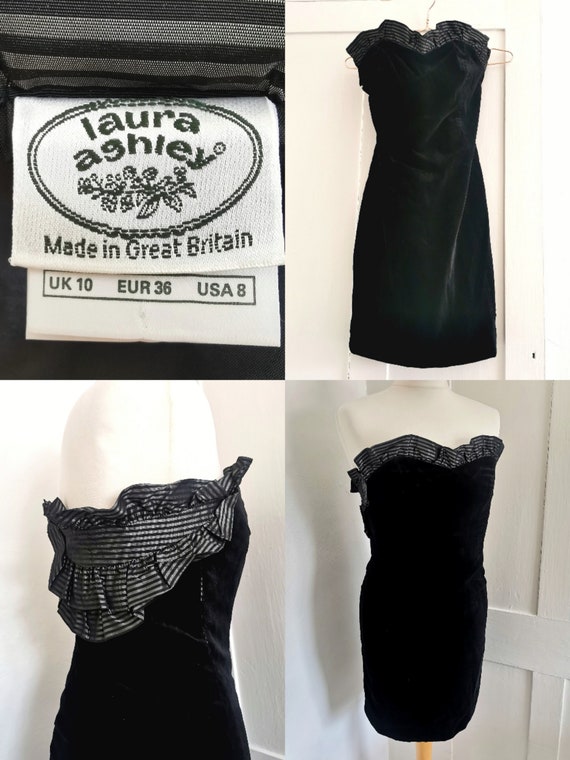 80s/90s Laura Ashley Black Velvet Strapless Dress… - image 1