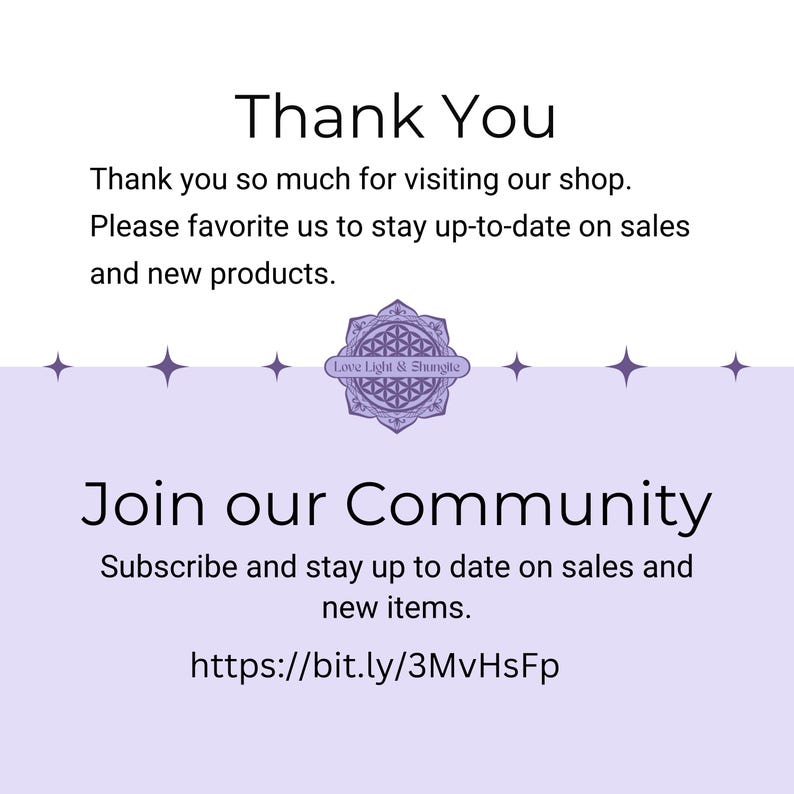 May include: Purple and white graphic with the text "Thank You" and "Join our Community". The graphic also includes the text "Love Light & Stungite" and a link to "https://bit.ly/3MvHsFp".