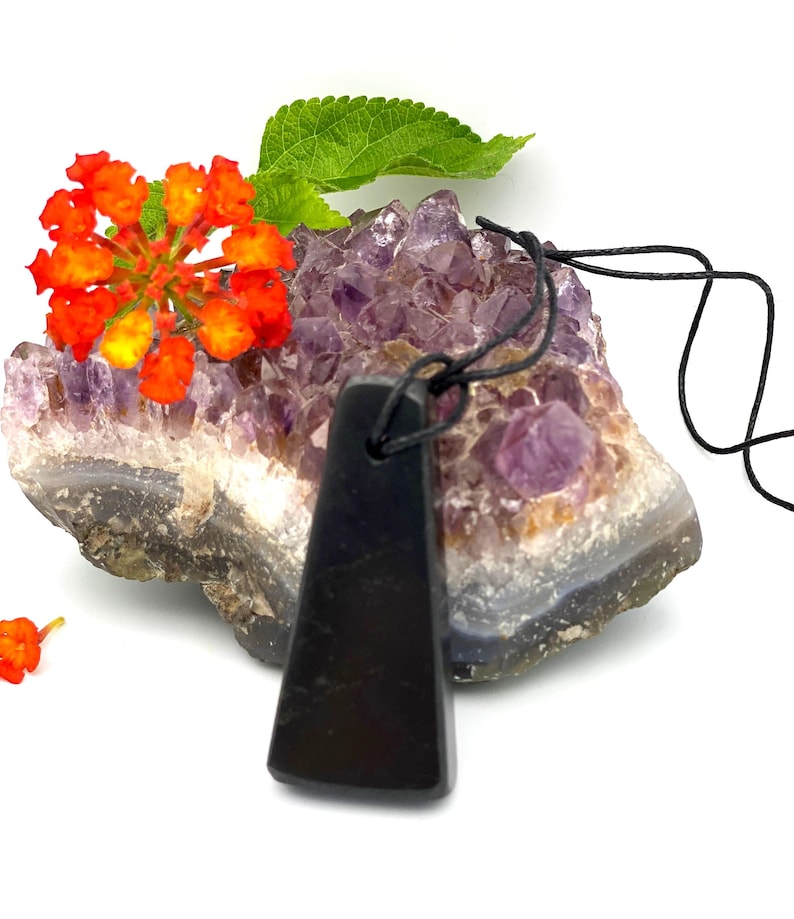 May include: A black pendant with a trapezoid shape hangs from a black cord. The pendant rests on a purple amethyst geode, with orange flowers and green leaves in the background. The pendant is smooth and polished.