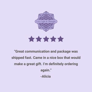 May include: A light purple background with a logo that says "Love Light & Shungite" and five stars. Text below reads "Great communication and package was shipped fast. Came in a nice box that would make a great gift. I'm definitely ordering again."