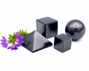 Shungite Crystal Set: Pyramid, Sphere, Cube - EMF Protector