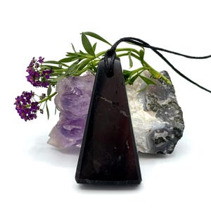 May include: A dark, triangular pendant with a black cord. The pendant is displayed against a backdrop of purple flowers, green leaves, and various stones. The pendant is a dark, solid color.