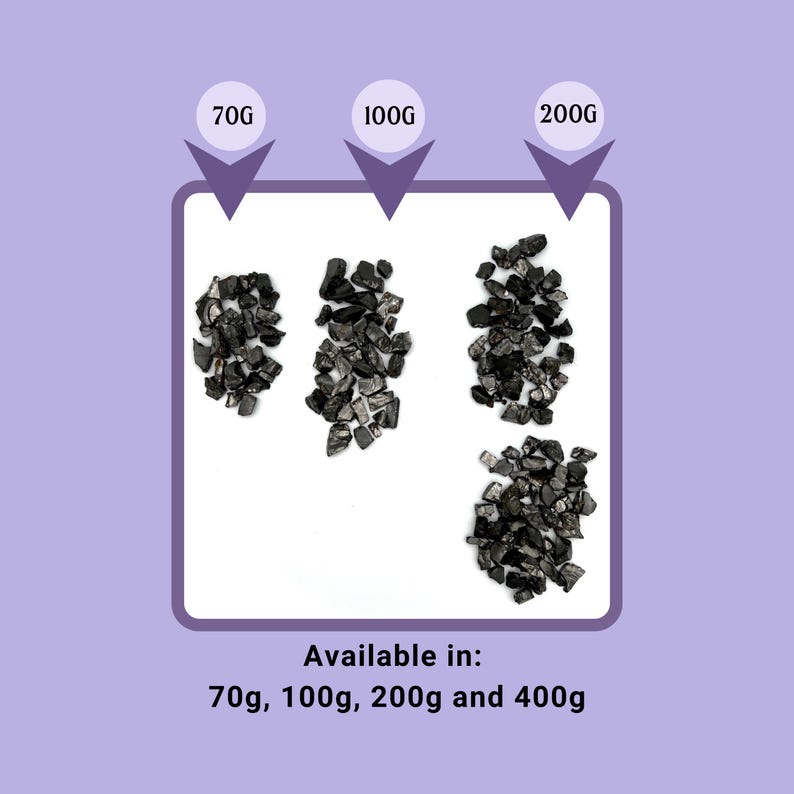 May include: Four piles of black charcoal pieces on a white background. The piles are labeled 70g, 100g, 200g, and 400g. Available in: 70g, 100g, 200g and 400g