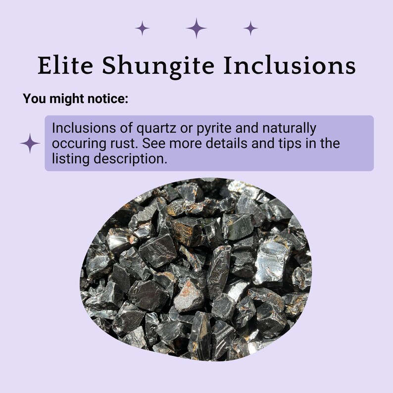 May include: A close-up of a pile of black shungite stones. The stones are rough and have a metallic sheen. The text "Inclusions of quartz or pyrite and naturally occuring rust. See more details and tips in the listing description." is visible in the image.