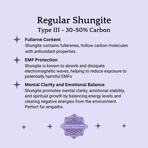May include: A light purple graphic with text about Regular Shungite Type III, including fullerene content, EMF protection, and mental clarity. The text is accompanied by star-shaped graphics and a logo that says "Love Light & Shungite."