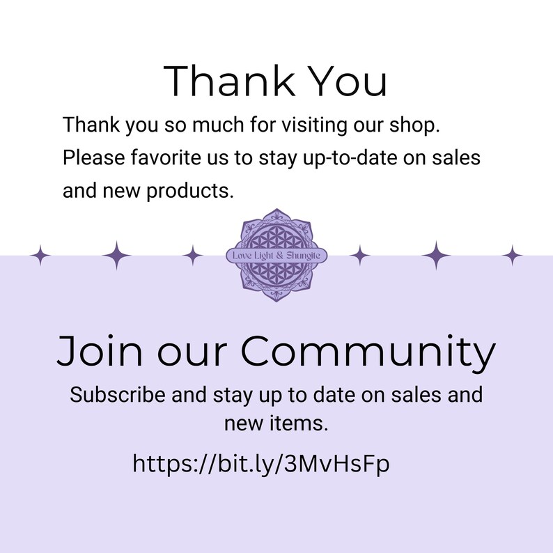 May include: A white background with the text "Thank You" and a message thanking visitors. It also encourages favoriting the shop for updates. Below, it says "Join our Community" with a call to subscribe for sales and new items. A link is provided.