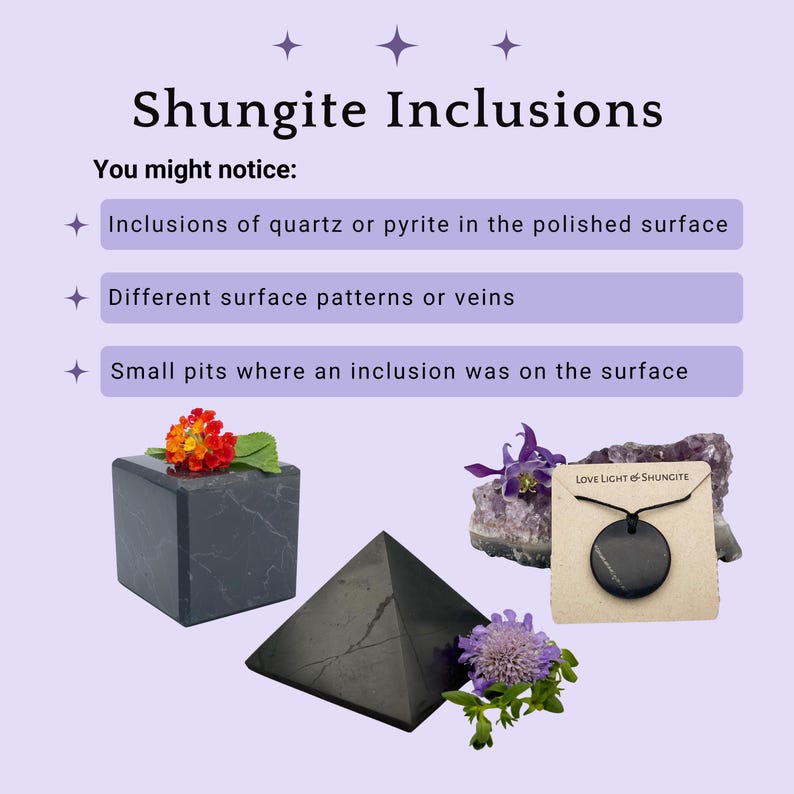 May include: Three pieces of black shungite: a cube, a pyramid, and a round pendant. The shungite has a natural, rough surface with visible inclusions. The pendant is on a brown card with the text "LOVE LIGHT OF SHUNGITE".
