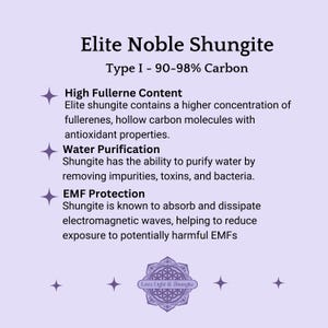 May include: A purple and white graphic with the text "Elite Noble Shungite" and "Type I - 90-98% Carbon". The graphic lists the benefits of shungite, including high fullerene content, water purification, and EMF protection.