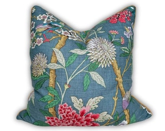 GP & J Baker Hydrangea Bird Indigo Cushion 60cm x 60cm. 100% Linen. Bedroom cushions, designer cushions. Comes with feather cushion inner.