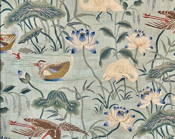 Lotus Garden Fabric by Schumacher in Colour Aqua. 100% Linen and Screen