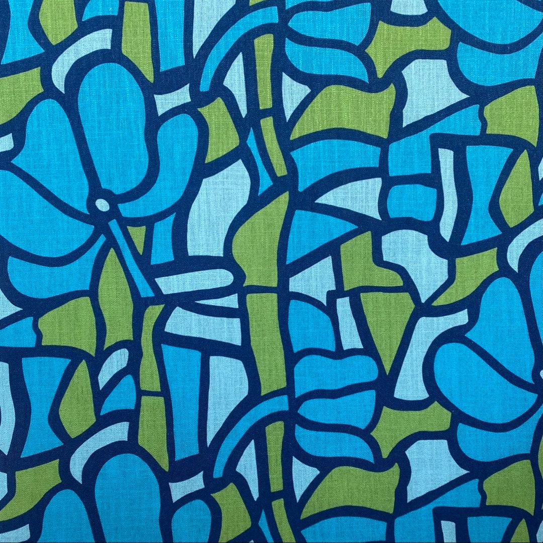 Florence Broadhurst Fabric Stained Glass in Blues and Greens Printed on