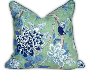 GP & J Baker Hydrangea Bird Emerald Cushion 60cm x 60cm. 100% Linen. Bedroom cushions, designer cushions. Comes with feather cushion inner.