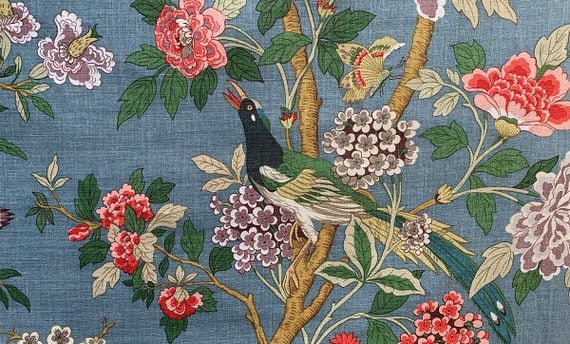 GP & J Baker Hydrangea Bird Indigo Fabric. 100% Linen Fabric