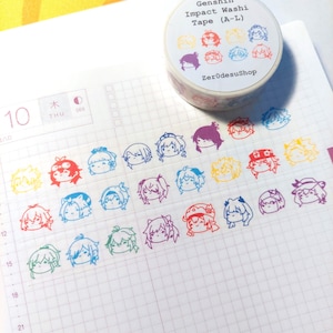 May include: A roll of washi tape featuring colourful illustrations of characters from the video game Genshin Impact. The tape is labelled "Genshin Impact Washi Tape (A-L)" and "ZeroDesuShop".