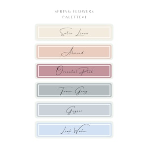 Puede incluir: Una paleta de colores con seis muestras de color etiquetadas como "Satin Linen", "Almond", "Oriental Pink", "Tower Gray", "Geyser" y "Link Water".