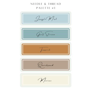 May include: A color palette with five swatches labeled "Jungle Mist", "Gulf Stream", "Tussock", "Quicksand", and "Merino". The swatches are in a light blue, a darker blue, a brown, a light brown, and a cream color.