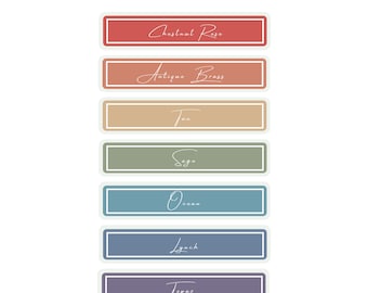 May include: Muted rainbow color palette with names for each color: Chestnut Rose, Antique Brass, Tan, Sage, Ocean, Lynch, Topaz.