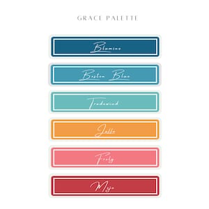 Könnte beinhalten: Eine Farbpalette mit dem Titel "Grace Palette" mit sechs rechteckigen Farbfeldern. Die Farbfelder sind in Blau-, Türkis-, Orange-, Rosa- und Rottönen gehalten, jedes mit einem weißen Rand und einem handschriftlichen Namen.