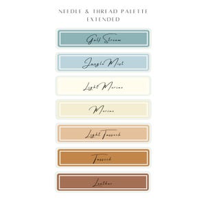 May include: A set of eight color swatches with names written in cursive. The colors are: Gulf Stream (light blue), Jungle Mist (medium blue), Light Merino (light beige), Merino (beige), Light Tussock (light brown), Tussock (brown), and Leather (dark brown).