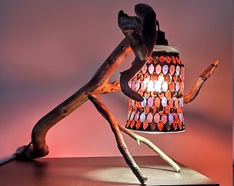 Bug, lamp from AClast. Drift,wood,rustic,art,unique,decorative,hand,made,crafted,free,standing,bed,side,table,floor,glass,light,lamp,shade.