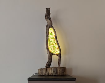 Small "a", lamp from AClast. Drift,wood,rustic,art,unique,decorative,hand,made,crafted,free,standing.bed,side,table,floor,glass,light,shade.