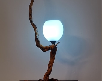 The "Будител", lamp from AClast Shop. Drift,wood,rustic,unique,decorative,hand,made,crafted,free,standing,bed,side,table,glass,light,lamp,