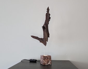 Wired, lamp from AClast shop. Drift,wood,rustic,unique,decorative,hand,made,crafted,free,standing,bed,side,table,weird,odd,shade,office.