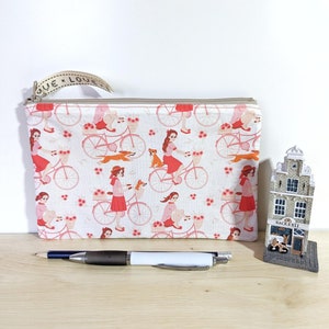 Bicycle fabric toiletry bag or case, gift for women, inspired by Holland, zippered makeup bag