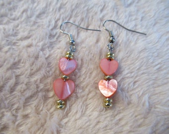 Gold and Pink Heart Dangle Earrings – Handmade Heart-Shaped Earrings – Cute and Elegant Jewelry Gift for Her