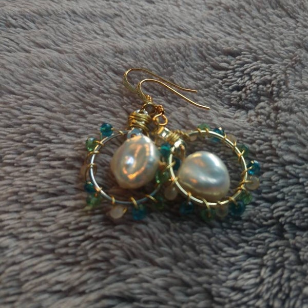 Colorful Wire Wrapped Keishi Pearl Earrings