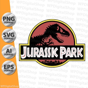 Könnte beinhalten: Digitalgrafik mit dem "Jurassic Park"-Logo. Das Design umfasst einen roten Kreis mit einer schwarzen Dinosaurier-Silhouette, einen gelben Rand und die Worte "JURASSIC PARK" in Weiß. Das Bild zeigt auch Dateiformatoptionen.