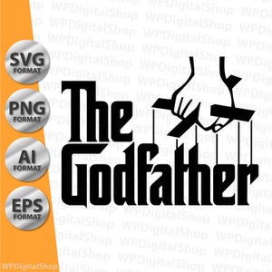 Puede incluir: Gráfico negro del texto "The Godfather" con una mano manipulando hilos de marionetas. La imagen incluye etiquetas de formato SVG, PNG, AI y EPS en el lado izquierdo, sobre un fondo blanco.