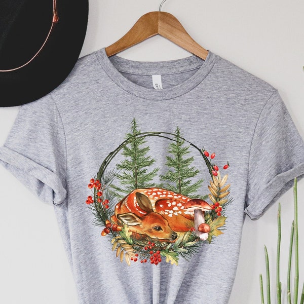 Forest Fawn Tee, Baby Deer Shirt, Woodland Tee, Mushroom Shirt, Pine Tree Shirt, Acorn Shirt, Cute Deer Shirt, Nature Lover Tee