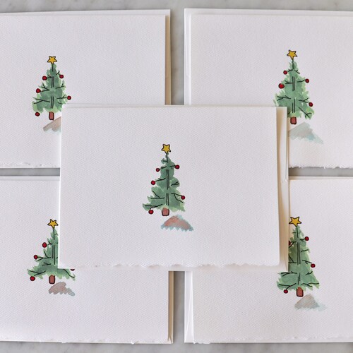 PACK OF 5 Christmas Tree Card | Holiday Card | Season’s Greetings | Watercolour Christmas Tree | Elegant Art Design | Happy Holidays |