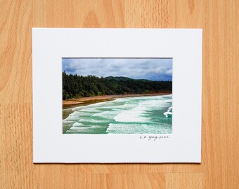 May include: A framed photograph of a beach scene with turquoise water crashing on the shore. The photo is taken from a high vantage point, showing the waves breaking on the sandy beach. The beach is lined with trees and a cloudy sky is overhead. The photo is signed "S.B. Young 2022".