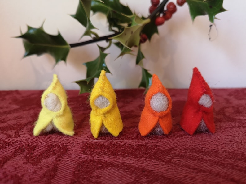 Felt Gnomes, Gnomes, Waldorf Inspired, Set Of Four Gnomes, Steiner, Mini Gnomes Red, Yellow, Orange