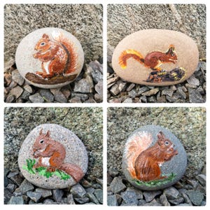 Puede incluir: Cuatro piedras pintadas con ardillas rojas. Las piedras son de diferentes formas y tamaños y están pintadas sobre un fondo blanco. Las ardillas están representadas en diferentes poses.