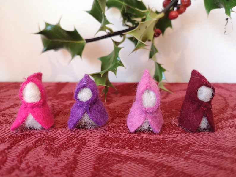 Felt Gnomes, Gnomes, Waldorf Inspired, Set Of Four Gnomes, Steiner, Mini Gnomes Pink, Purple, Red