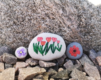 Painted Stones, Flower Painted Stones, Painted Rocks, Spring Flower Set, Spring Flower Painted Stones, Set of Spring Flower Painted Stones