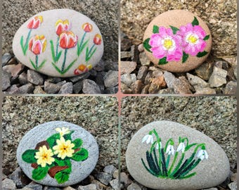 Pedras pintadas, pedras pintadas com flores, rochas pintadas, pedras pintadas com motivos de primavera, pedras pintadas com flores da primavera, flores pintadas
