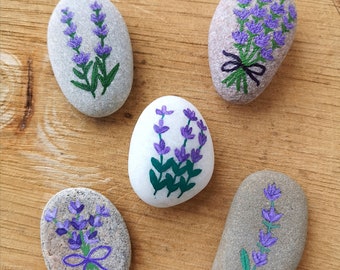 Painted Stones, Painted Lavender Stones, Painted Flower Stones, Painted Lavender Rocks, Painted Lavender