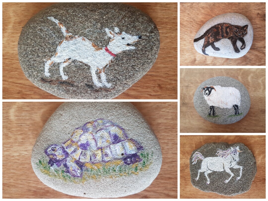 Painted Stones/rocks, Hand Painted Animal Stones, Painted, Sheep, Dog ...