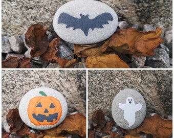 Painted Halloween Stones, Painted Halloween Rocks, Pumpkin Stone, Ghost Stone, Bat Stone, Painted Stones, Halloween