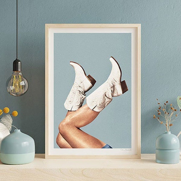 These Boots - Grey Blue (Art Print, Rodeo Art, Cowgirl Boots, Cowgirl Art, Wild West, Yeehaw, White Boot, Cowboy, Pale Blue, Wall Decor)