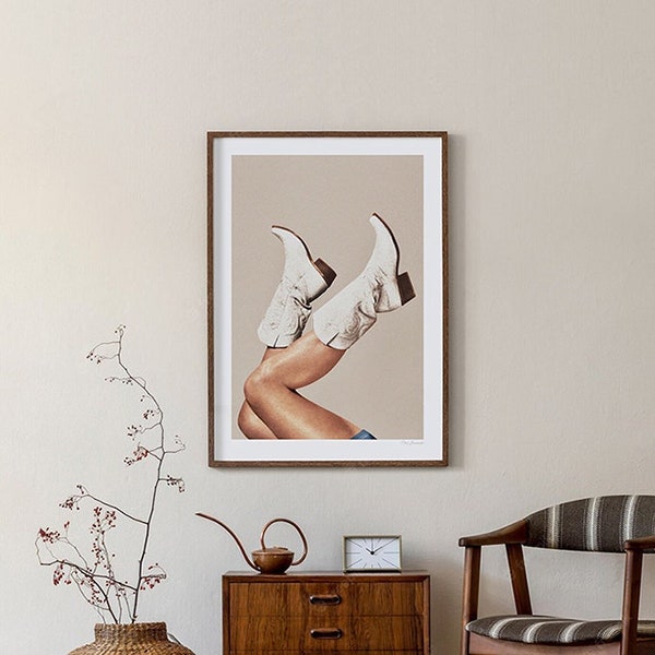 These Boots - Neutral II (Art Print, Cowgirl Boots, White Boots, Cow girl Art, Vintage, Beige, Howdy, Yeehaw, Texas Art, Wall Decor, Poster)