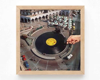 Surreal Vinyl Turntable Art Print: Trippy Retro Collage Wall Decor