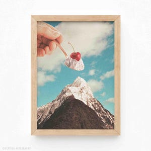 Surreal Cherry Ice Cream Mountain Art Print - Retro Kitchen Decor