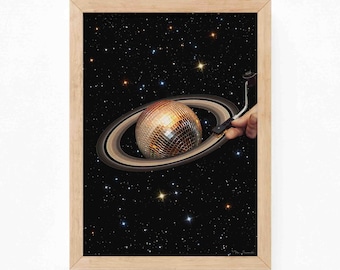 Saturn Disco Ball Art Print: Galactic DJ Retro Collage