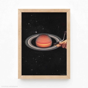 Galactic DJ Art Print: Vinyl Saturn Turntable, Retro Cosmic Collage