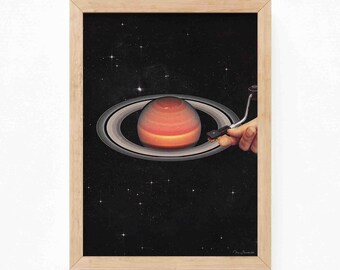 Galactic DJ Art Print: Vinyl Saturn Turntable, Retro Cosmic Collage
